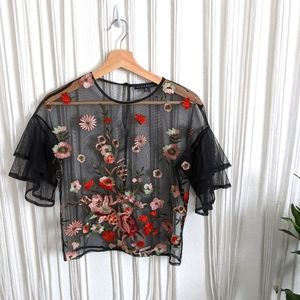 Mesh embroidered flutter sleeve blouse